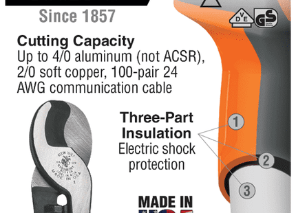 [KLEIN TOOLS] Electricians Cable Cutter Insulated (No.63050-EINS) | 218-0531