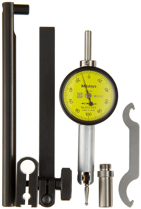 Mitutoyo 513-503T Pocket Type Dial Test Indicator, Full Set, Horizontal Type, 8mm Stem Dia, Yellow Dial, 0-100-0 Reading, 33mm Dial Dia, 0-0.2mm Range