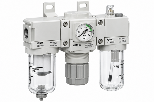 SMC AC50-10DG-V-D Air Combination 1" — Filter + Regulator + Lubricator, 360° Visible Bowls