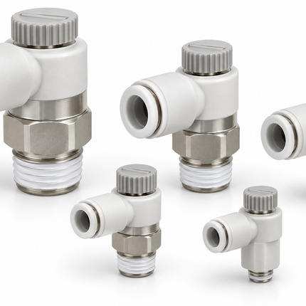 SMC AS1201F-M5-04A Speed Controller Elbow M5 x ø4 — Meter-Out Flow Control, Push-In Fitting