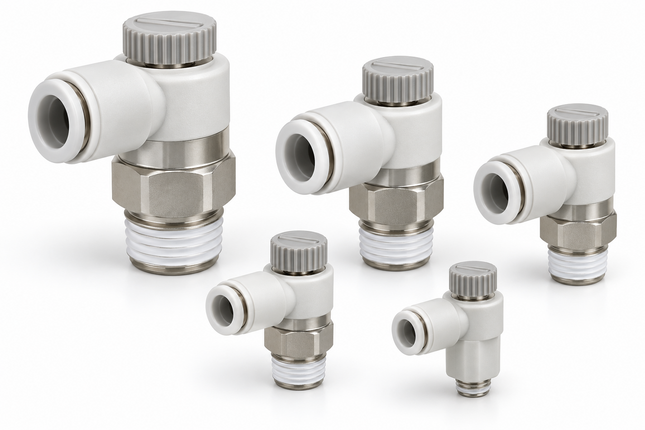 SMC AS1201F-M5-04A Speed Controller Elbow M5 x ø4 — Meter-Out Flow Control, Push-In Fitting