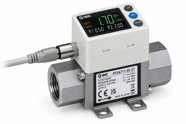 SMC PF3W720S-F04-B-MR Digital Water Flow Switch 1/2" — 3-Colour Display, Integrated Temperature Sensor