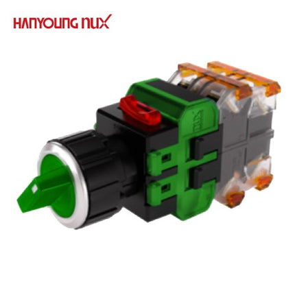 HANYOUNG Selector Switch, 3-Position, Illuminated, Ø25, Left/Right Return, Green, MRT-N3R2D0G, AC/DC 12-24V 2a2b