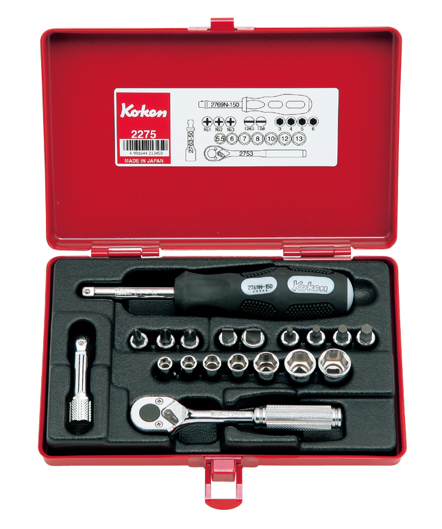 KOKEN 1/4" Drive Socket and Bit Socket Set, 6-Point, 19 Pcs 2275M-6P
