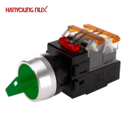 HANYOUNG Selector Switch, 2-Position, Illuminated, Ø22, Maintained, Green, MRT-R2A2D0G, AC/DC 12-24V 2a2b