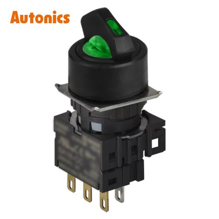 AUTONICS Selector Switch, Ø16, Round, Illuminated, 3-Position, Right Return, 1C, DC24V, Green S16SR-L5GC24