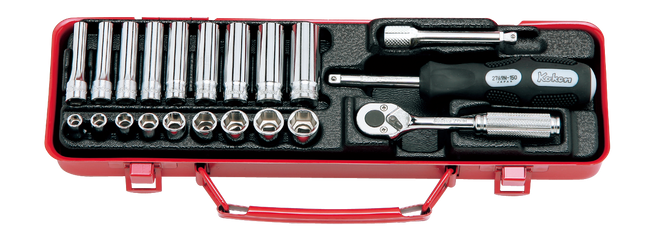 KOKEN 1/4" Drive Deep and Standard Socket Set, 6-Point, 21 Pcs 2277M-6P