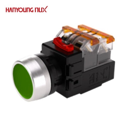 HANYOUNG Push Button Switch, Illuminated, Ø22mm, Green, MRX-RM1D0G, 12V/24V 1a1b