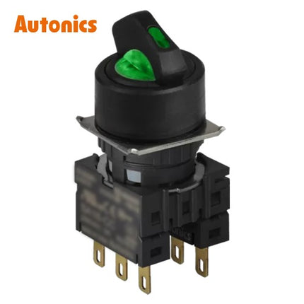 AUTONICS Selector Switch, Ø16, Round, Non-Illuminated, 3-Position, Left Return, 2C, Green S16SR-S6G2C