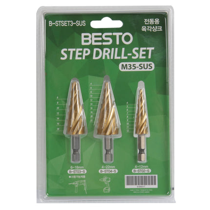 BESTO Step Drill Set (3PCS) Hex Shank, HSS M35 for Stainless Steel B-STSET3-SUS