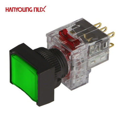 HANYOUNG Push Button Switch, Illuminated, Ø16mm, Green, DRX-OM1DG, AC/DC 12V/24V 1a1b