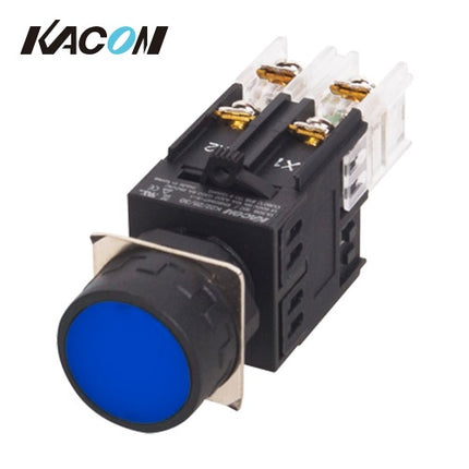 KACON Push Button Switch, Illuminated, Ø22mm, LED, Round Flat, Blue, RF, AC110V K22-27B