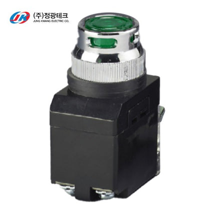 JUNGKWANGTECH Push Button Switch, Illuminated, LED, Ø25mm, Green, AC220V JK-20-25-2-L-G