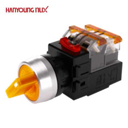 HANYOUNG Selector Switch, 2-Position, Illuminated, Ø22, Maintained, Yellow, MRT-R2A1D0Y, AC/DC 12-24V 1a1b