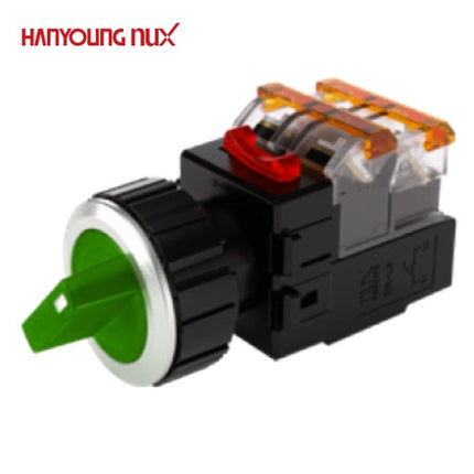 HANYOUNG Selector Switch, 2-Position, Illuminated, Ø30, Maintained, Green, MRT-A2A1D0G, AC/DC 12-24V 1a1b