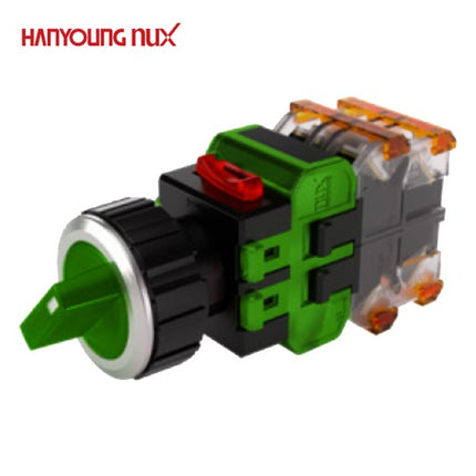 HANYOUNG Selector Switch, 3-Position, Illuminated, Ø30, Maintained, Green, MRT-A3A2D0G, AC/DC 12-24V 2a2b