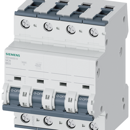 Siemens 5SY4650-6 SENTRON 5SY4 MCB, 3P+N, 50A Curve B, 400V AC, 72V DC, 5 kA Breaking Capacity