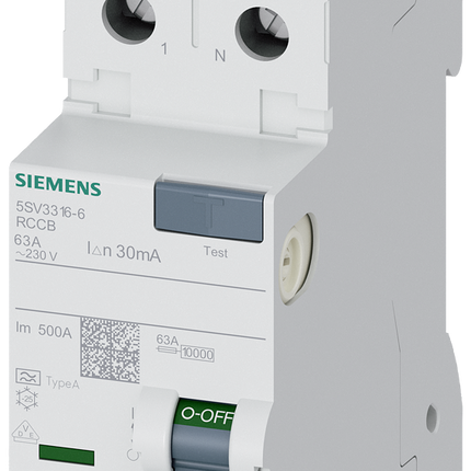 Siemens 5SV3316-6 RCCB, 63A, 2 Pole, 30mA, Type A, 230V ac