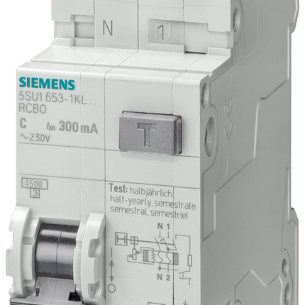 Siemens 5SU13531KL10 Type AC RCBO - 2P, 4.5 kA Breaking Capacity, 10A Current Rating, 5SU1 Series