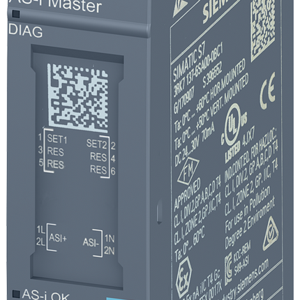 Siemens 3RK7137-6SA00-0BC1 Communication Module for use with SIMATIC ET 200SP, 69.2 x 20 x 53.6 mm, CM AS-i Master ST