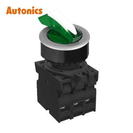 AUTONICS Selector Switch, Illuminated, Ø30mm, Long Lever, 2-Position, Maintained, Green, 2a, DC S3SFN-L4BG2ADM