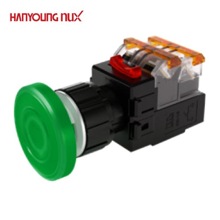 HANYOUNG Emergency Stop Switch, Ø25, Illuminated, Momentary, Green, MRA-NM1D0G, 12-24V DC/AC 1a1b