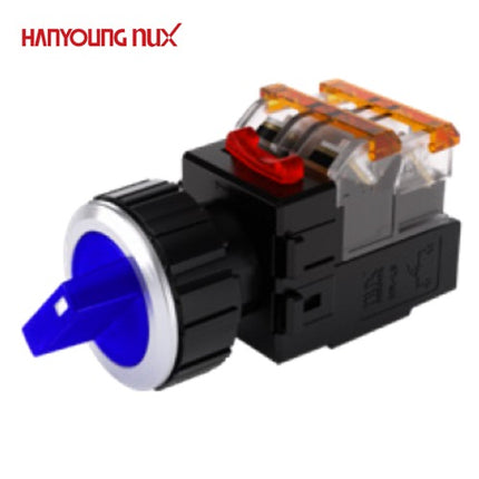 HANYOUNG Selector Switch, 2-Position, Illuminated, Ø30, Maintained, Blue, MRT-A2A1D0A, AC/DC 12-24V 1a1b
