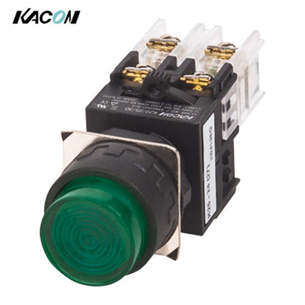 KACON Push Button Switch, Illuminated, Ø22mm, LED, Round, Green, AC220V K22-27G