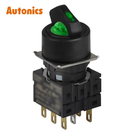 AUTONICS Selector Switch, Ø16, Round, Illuminated, 3-Position, Maintained, 2C, DC5V, Green S16SR-L4G2C5
