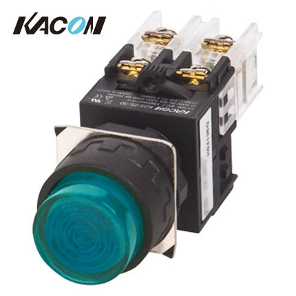 KACON Push Button Switch, Illuminated, Ø25mm, LED, Round, Green, AC220V K25-27G