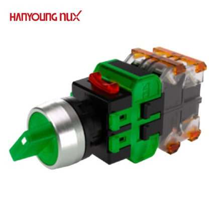 HANYOUNG Selector Switch, 3-Position, Illuminated, Ø22, Maintained, Green, MRT-R3A2A0G, AC 100-240V 2a2b