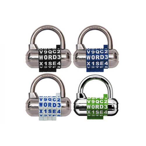 MASTER LOCK Model No. 1534D  2-1/2in (64mm) Wide Set Your Own WORD Combination Padlock with Interchangeable, Removable Dials; Assorted Colors