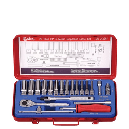 [GENIUS TOOLS] 20 Piece 1/4″ Dr. Metric Deep Hand Socket Set GD-220M  | 200-9485