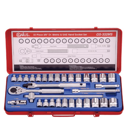 [GENIUS TOOLS] 32 Piece 3/8″ Dr. Metric & SAE Hand Socket Set GS-332MS | 200-7821