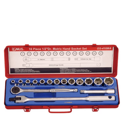 [GENIUS TOOLS] 16 Piece 1/2″ Dr. Metric Hand Socket Set GS-416MA | 200-7830