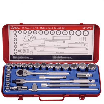 [GENIUS TOOLS] 27 Piece 1/2″ Dr. Metric Hand Socket Set GS-427M | 200-7858