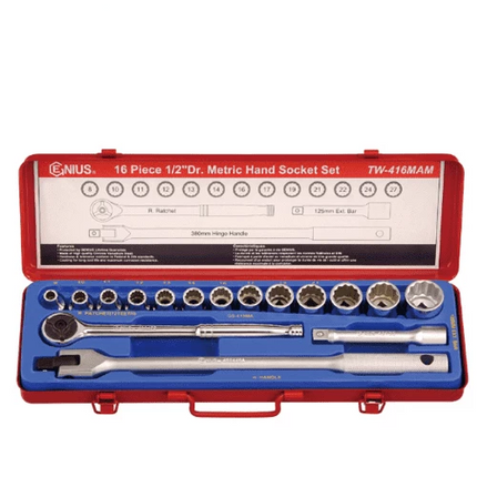 [GENIUS TOOLS] 16 Piece 1/2″ Dr. 12 pt. Metric Hand Socket Set TW-416MAM  | 200-7849