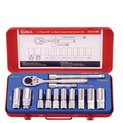 [GENIUS TOOLS] 13 Piece 3/8″ Dr. Metric Deep Hand Socket Set GS-313M | 200-7885