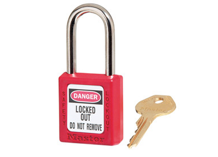 The Master Lock No. 410RED Zenex™ Thermoplastic Safety Padlock features a 1-1/2in (38mm) wide plastic red body and a 1-1/2in (38mm) tall, 1/4in (6mm) diameter metal shackle. Designed exclusively for Lockout/Tagout applications, the durable, lightweight, non-conductive lock body is easy to carry and padlock features high security, reserved-for-safety cylinder with key retaining, to ensure padlock is not left unlocked.
