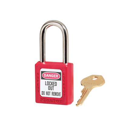 The Master Lock No. 410RED Zenex™ Thermoplastic Safety Padlock features a 1-1/2in (38mm) wide plastic red body and a 1-1/2in (38mm) tall, 1/4in (6mm) diameter metal shackle. Designed exclusively for Lockout/Tagout applications, the durable, lightweight, non-conductive lock body is easy to carry and padlock features high security, reserved-for-safety cylinder with key retaining, to ensure padlock is not left unlocked.