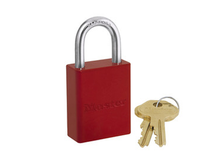 MASTER LOCK Model No. 6835RED  Red Powder Coated Aluminum Safety Padlock, 1-1/2in (38mm) Wide with 1in (25mm) Tall Shackle