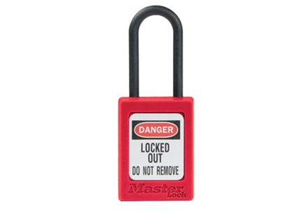 MASTER LOCK Model No. S32RED  Red Dielectric Zenex™ Thermoplastic Safety Padlock, 1-3/8in (35mm) Wide with 1-1/2in (38mm) Tall Nylon Shackle, Non-Key Retaining
