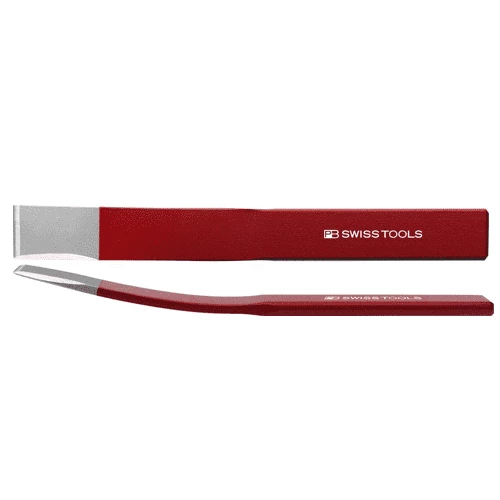 [PB SWISS TOOLS] PB 804 Bent Slot chisel, slim shaft with an additional lateral cutting edge powder coated in red, with bent shaft