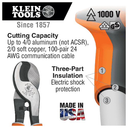 [KLEIN TOOLS] Electricians Cable Cutter Insulated (No.63050-EINS) | 218-0531