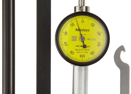 Mitutoyo 513-503T Pocket Type Dial Test Indicator, Full Set, Horizontal Type, 8mm Stem Dia, Yellow Dial, 0-100-0 Reading, 33mm Dial Dia, 0-0.2mm Range