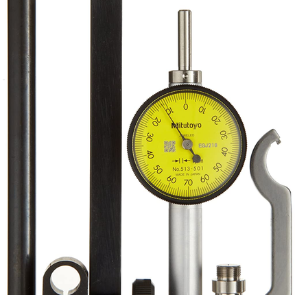 Mitutoyo 513-501T Pocket Type Dial Test Indicator, Full Set, Horizontal Type, 4mm Stem Dia, Yellow Dial, 0-70-0 Reading, 33mm Dial Dia, 0-0.14mm Range